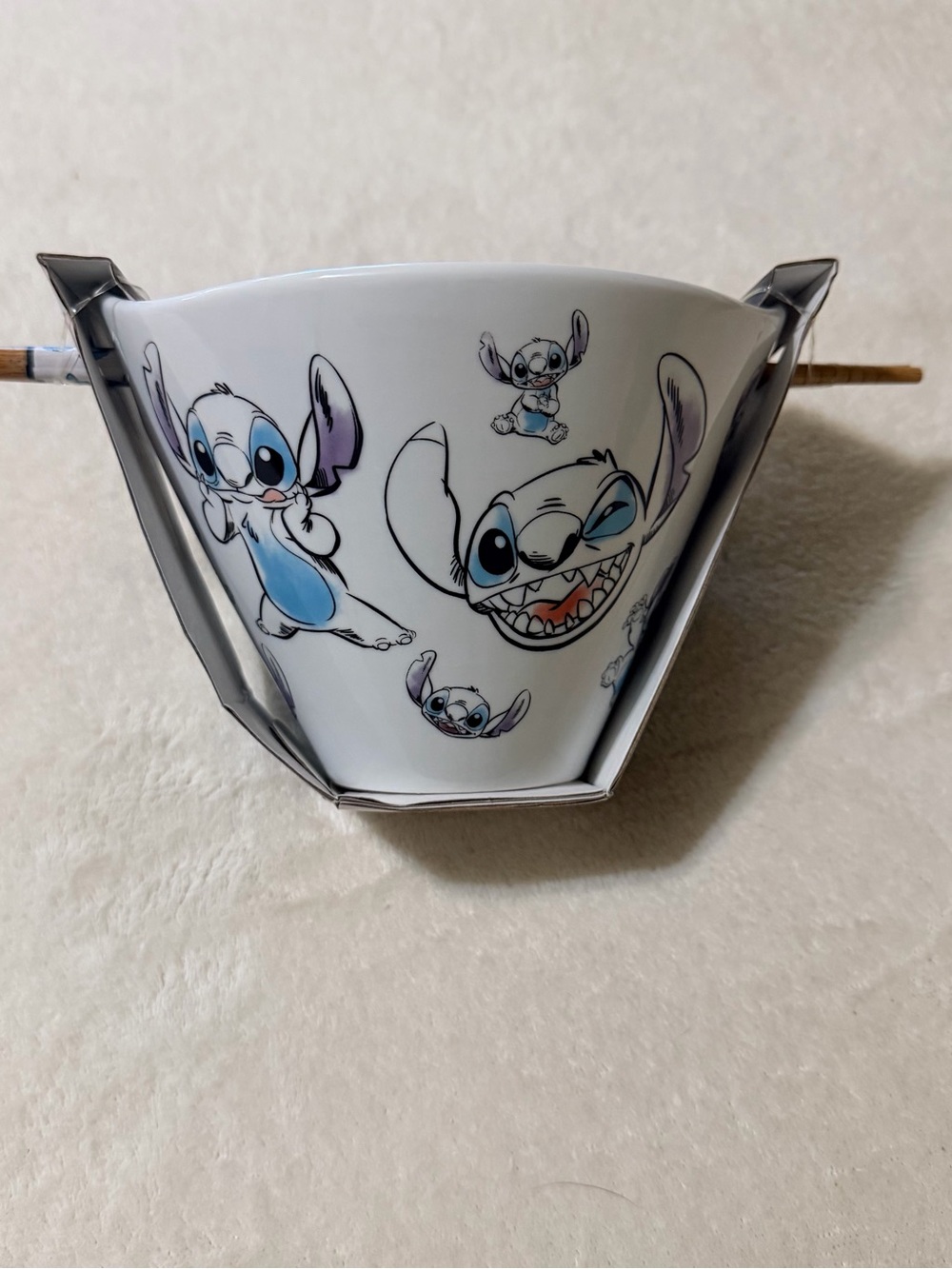 Disney White Ramen Bowl with Blue Stitch Accent and Tan Chopsticks